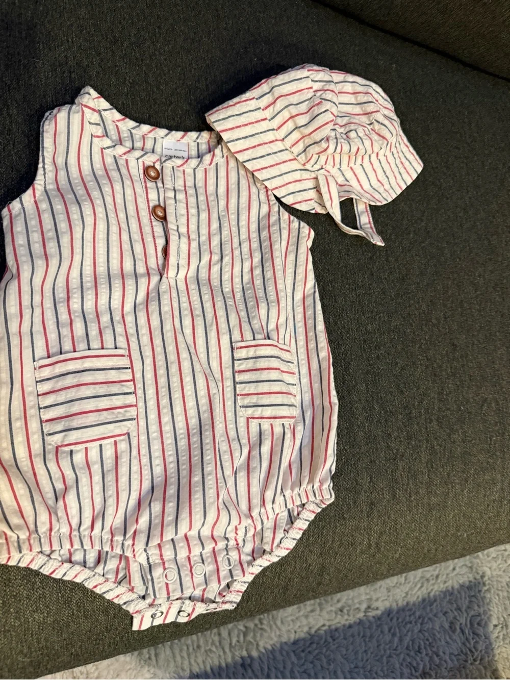 Carter's White Romper and Matching Striped Hat - Red & Blue